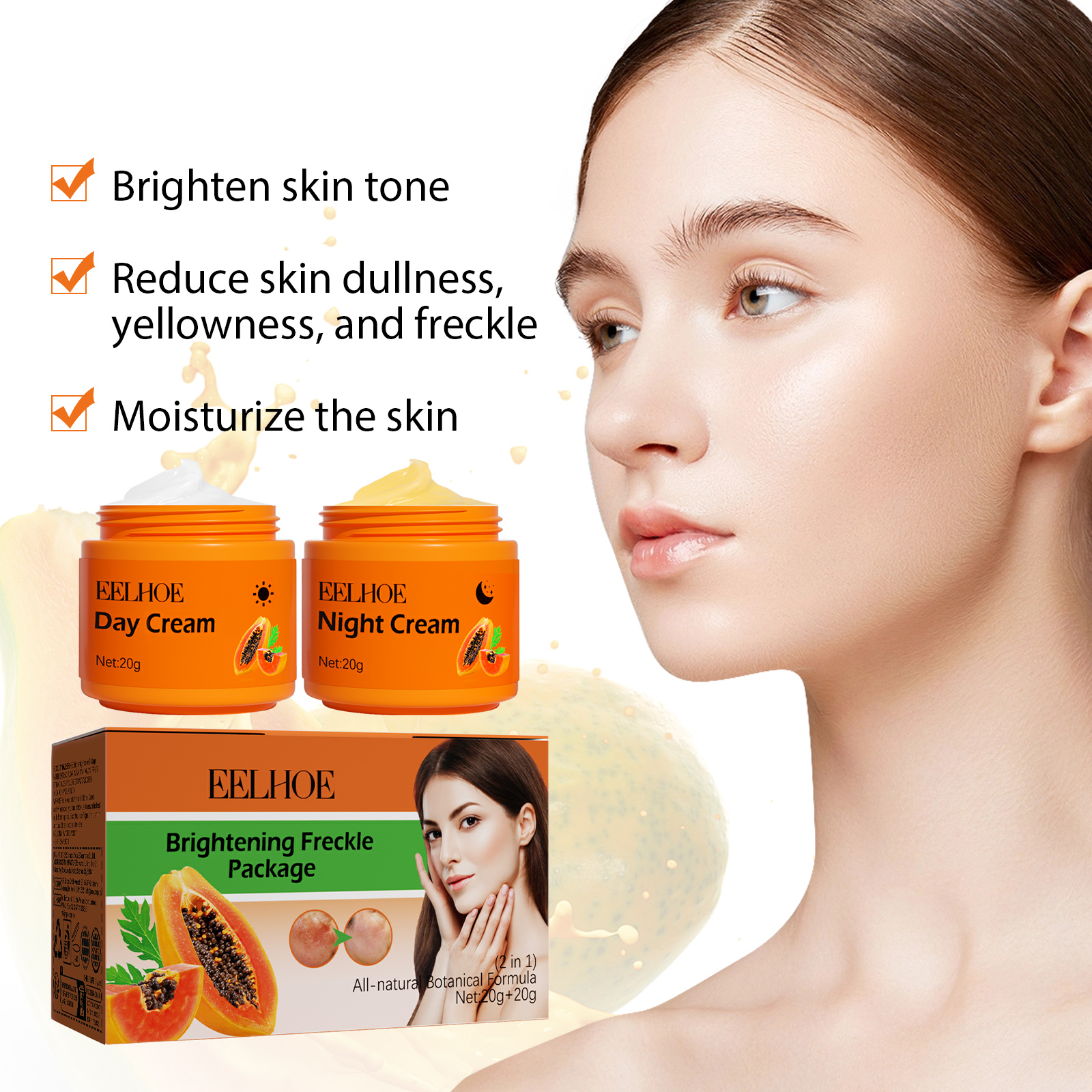 Eelhoe Papaya Whitening Que Spot Cream Fade Facial Freckles Dark Spot Brightening Moisturizing Skin Day & Night Cream